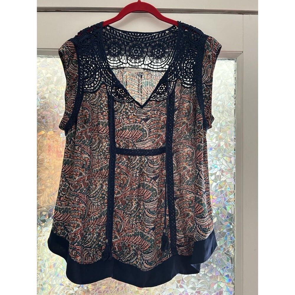 Daniel Rainn Sheer Floral Blouse Crochet Top Casual Navy Blue Plus Size 1X